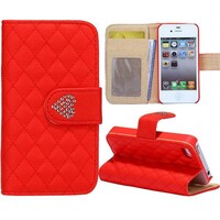 Grids Wallet Bling Hartje Flip Stand Leren hoesje voor iPhone 4S 4 Rood