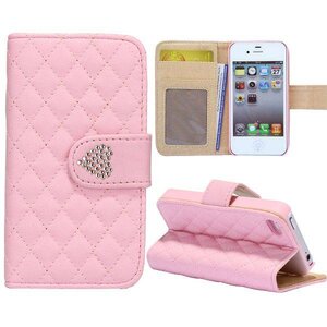 Grids Wallet Bling Hartje Flip Stand Leren hoesje voor iPhone 4S 4 Roze