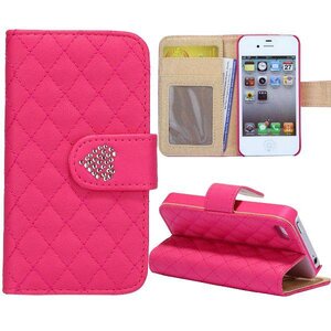 Grids Wallet Bling Hartje Flip Stand Leren hoesje voor iPhone 4S 4 Hard Roze