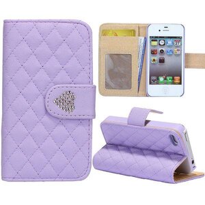 Grids Wallet Bling Hartje Flip Stand Leren hoesje voor iPhone 4S 4 Paars