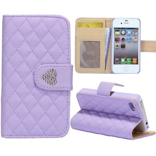 Grids Wallet Bling Hartje Flip Stand Leren hoesje voor iPhone 4S 4 Paars