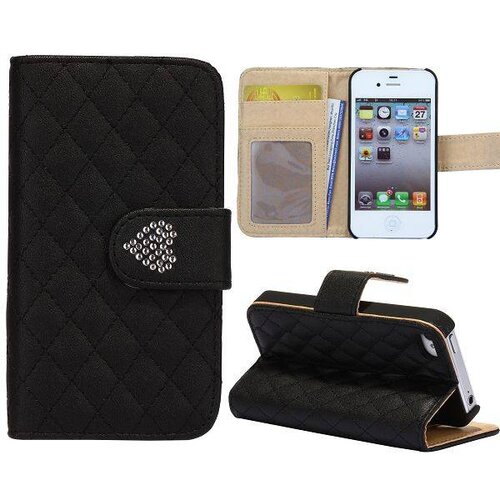 Grids Wallet Bling Hartje Flip Stand Leren hoesje voor iPhone 4S 4 Zwart