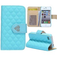 Grids Wallet Bling Hartje Flip Stand Leren hoesje voor iPhone 4S 4 Baby blauw