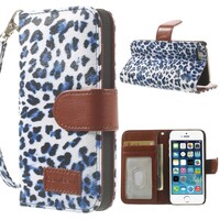 Leopard leren Wallet Case Stand voor iPhone 5s 5 - Blauw