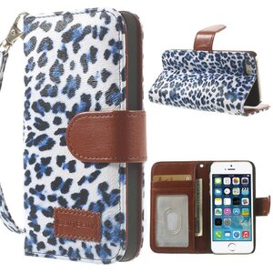 Leopard leren Wallet Case Stand voor iPhone 5s 5 - Blauw