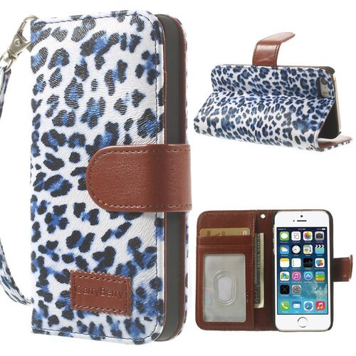 Leopard leren Wallet Case Stand voor iPhone 5s 5 - Blauw