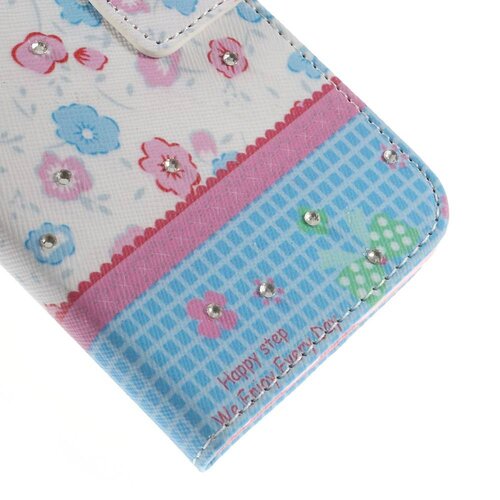 pu leren rhinestone wallet iphone 6 s roze blauwe bloemen pu leren rhinestone wallet iphone 6 s roze blauwe bloemen