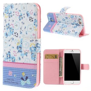 PU Leren Rhinestone Wallet iPhone 6(s) - Blauwe Bloemen