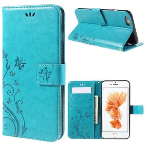 PU Leren Wallet iPhone 6(s) - Bloemen en Vlinders- Blauw