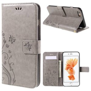 Uilenserie PU Leren Wallet iPhone 6(s) - Vlinder en Bloemprint- Grijs