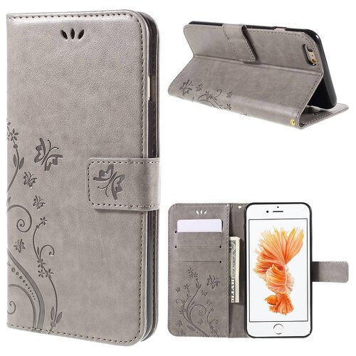 Uilenserie PU Leren Wallet iPhone 6(s) - Vlinder en Bloemprint- Grijs