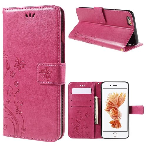 PU leren Stand Wallet hoesje voor iPhone 6(s) 4,7 inch- Vlinder en bloemprint- Roze