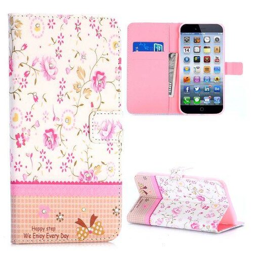 TVC pu leren rhinestone wallet iphone 6 s plus roze bloemen