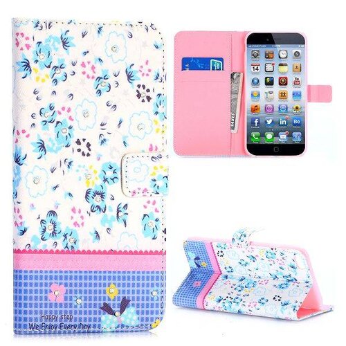 TVC PU Leren Rhinestone Wallet iPhone 6(s) plus - Blauwe Bloemen