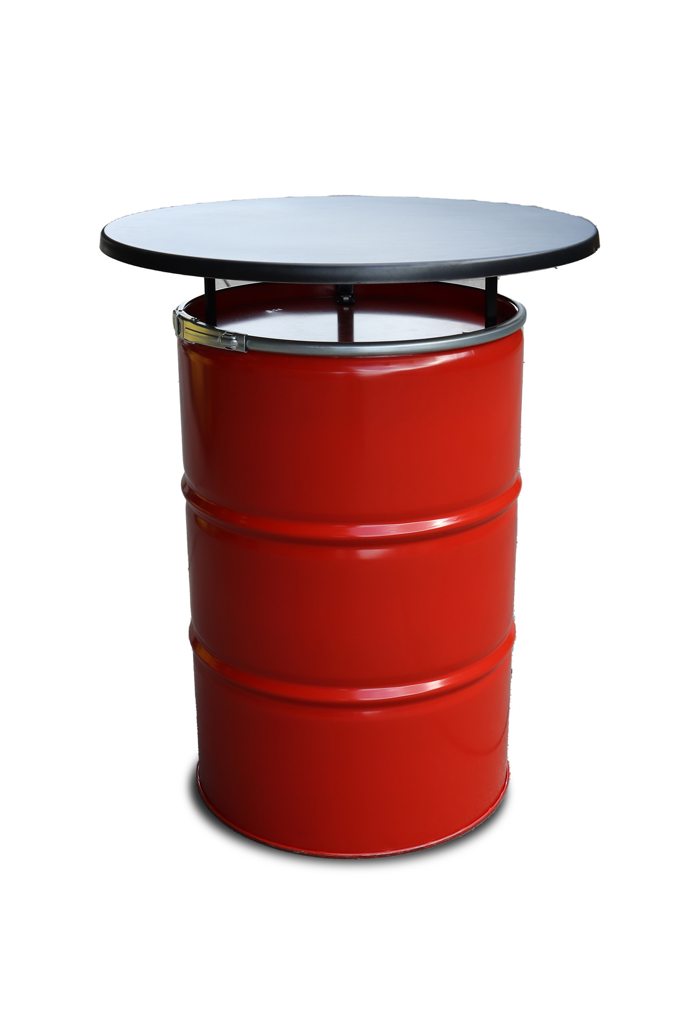 Industriedesign Stehtisch rotes Ölfass 200L mit schwarzer Platte -  BarrelKings