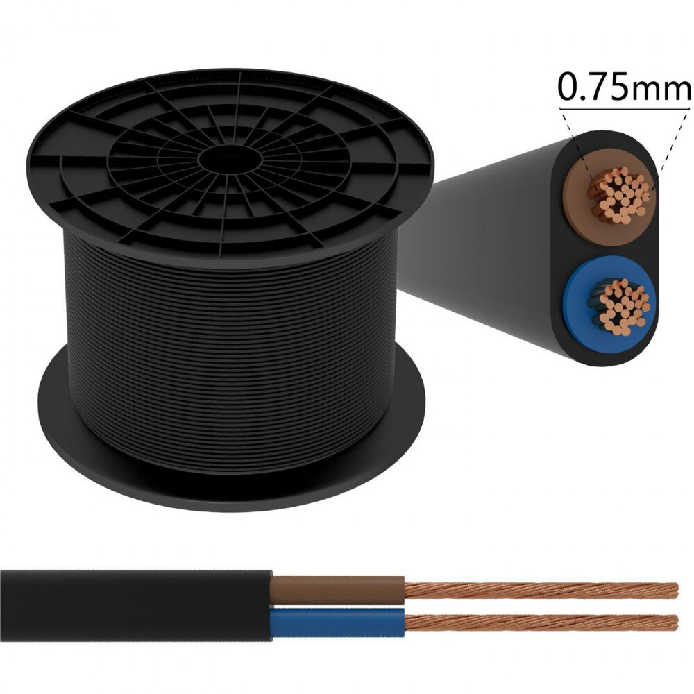 Aigostar LED-Leuchten Anschlusskabel - 100m - 2x 0.75mm2 mit schwarzer Isolierung flach - H03VVH2-F 2G0.75