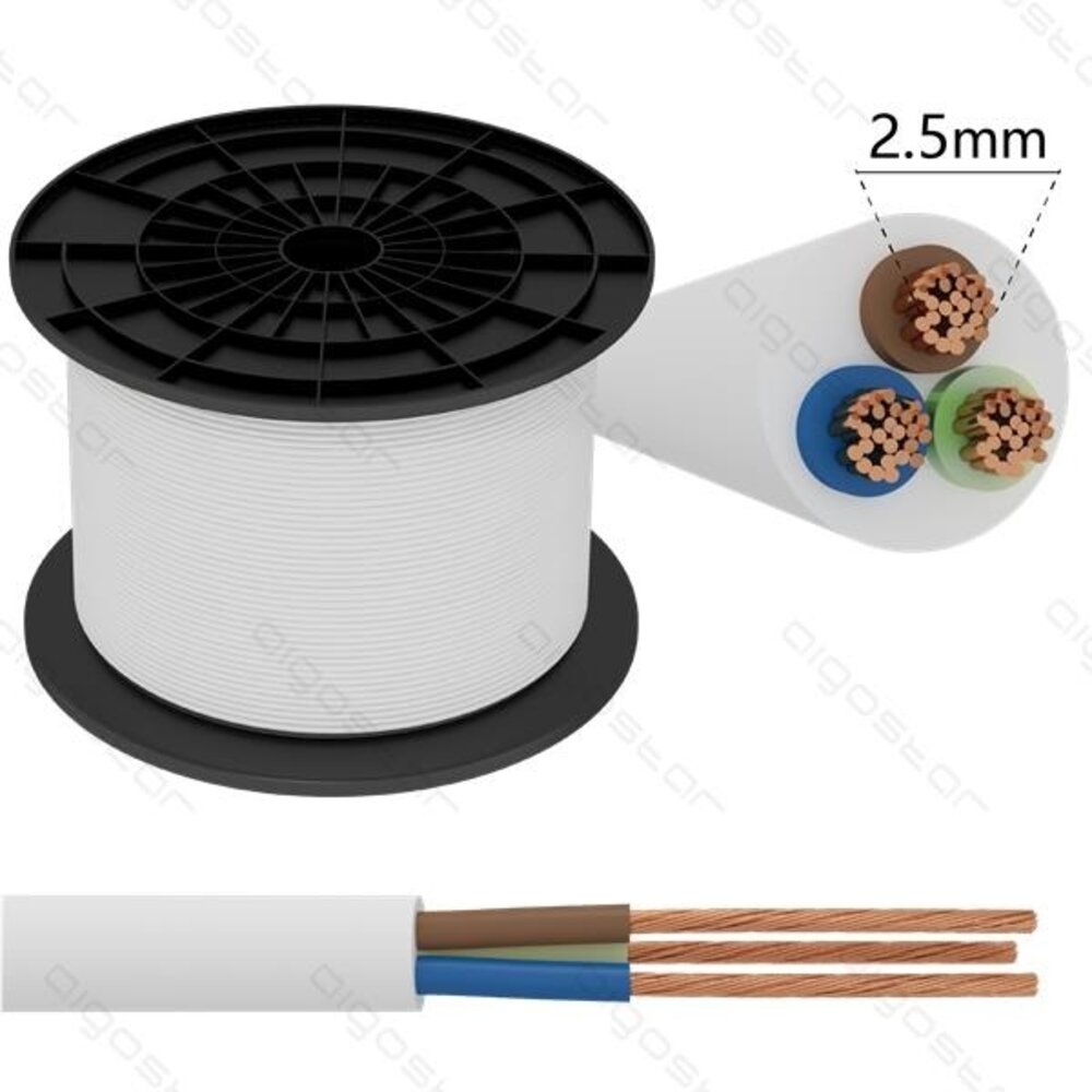 Aigostar LED-Leuchten Anschlusskabel - pro Meter- 3x 2.5mm² mit weißer Isolierung flach  - H03VVH2-F 3G2.5