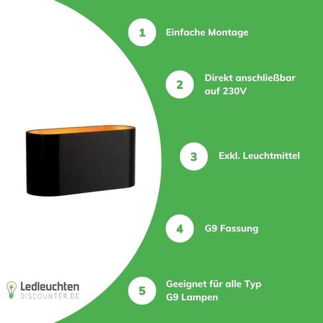 Spectrum LED Wandleuchte oval - Schwarz Gold - mit G9 Fassung - 80x80x160 mm Spectrum LED Wandleuchte oval - Schwarz Gold - mit G9 Fassung - 80x80x160 mm
