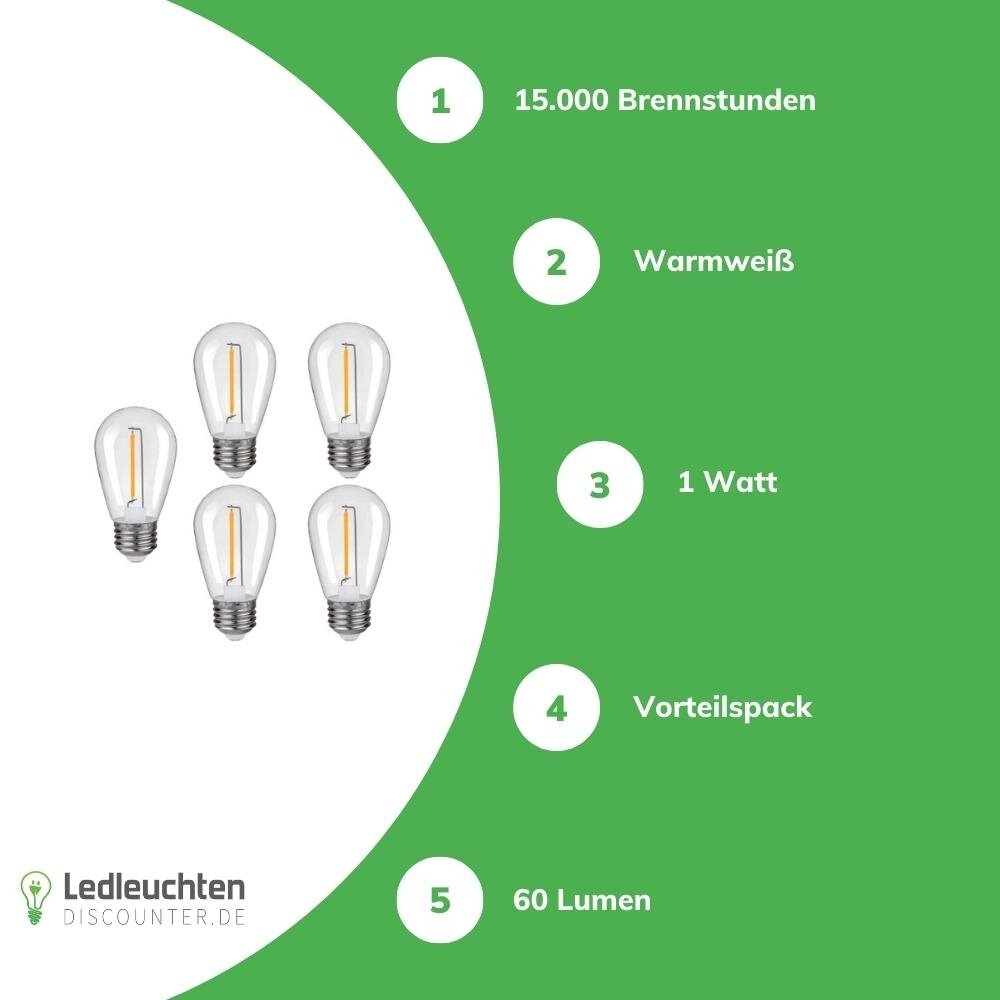 LCB LED-Beleuchtung Innovatives Design, hochwertige Technik & schnelle Lieferung! 5er Vorteilspack LED Fadenlampe E27 - 1W - 2700K Warmweiß