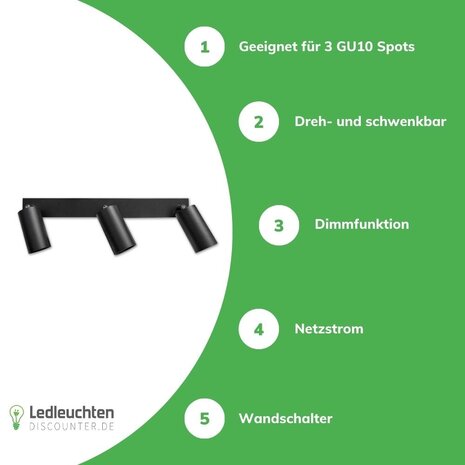 LCB LED-Beleuchtung Innovatives Design, hochwertige Technik & schnelle Lieferung! LED Deckenspot Mattschw. - 3 verstellbare GU10 Fassungen für LED Spots - exkl. LED Spot