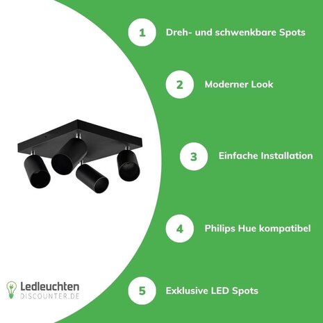 LCB LED Deckenspot Mattschwarz - 4 verstellbare GU10 Fassungen für LED Spots - exkl. LED Spot