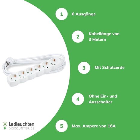 Modee Lighting Steckdosenleiste 6-fach - Weiß - Kabellänge optional Modee Lighting Steckdosenleiste 6-fach - Weiß - Kabellänge optional