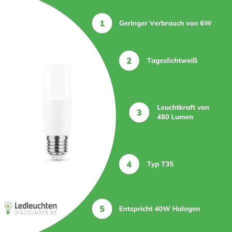 Modee E27 LED Lampe - Type T35 - 6W entspricht 45W - 6000K Tageslichtweiß Modee E27 LED Lampe - Type T35 - 6W entspricht 45W - 6000K Tageslichtweiß