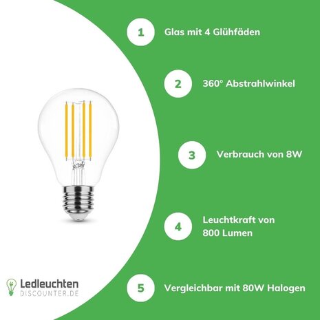 LED Fadenlampe - E27 A60 8W - entspricht 80W - 2700K Warmweiß LED Fadenlampe - E27 A60 8W - entspricht 80W - 2700K Warmweiß