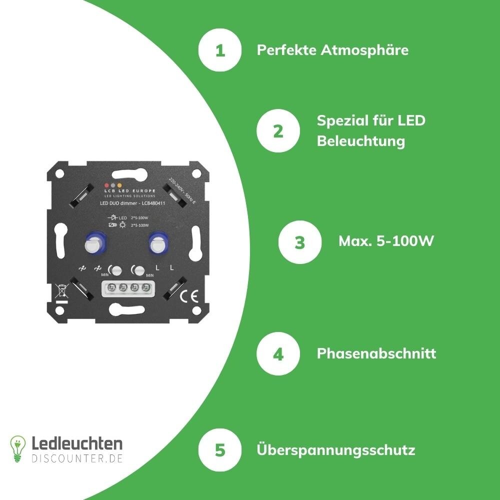 LCB LED-Beleuchtung Innovatives Design, hochwertige Technik & schnelle Lieferung! LED Dimmer DUO Einbau - 2x 5-100W - Universal Phasenabschnitt LCB LED-Beleuchtung Innovatives Design, hochwertige Technik & schnelle Lieferung! LED Dimmer DUO Einbau - 2x 5-100W - Universal Phasenabschnitt
