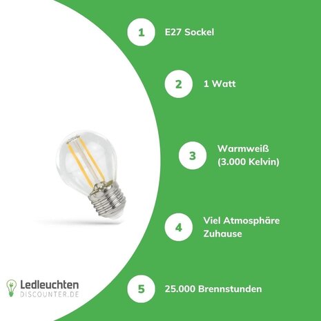 LED Fadenlampe G45 - E27 Sockel - 1W Filament - 3000K Warmweiß 
