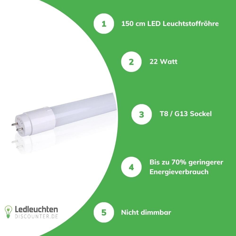 LCB LED-Beleuchtung Innovatives Design, hochwertige Technik & schnelle Lieferung! PRO LED Leuchtstoffröhre G13/T8 - 150cm - 6000K - 865 - Tageslichtweiß - 25W entspricht 58W - Pro High Lumen 100/140/170Lm pro Watt