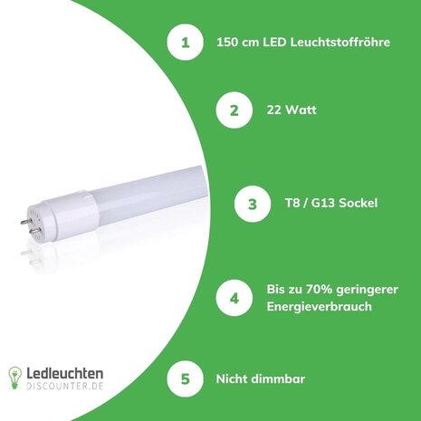 LED Leuchtstoffröhre G13/T8 - 150cm - 6000K - 865 - Tageslichtweiß 