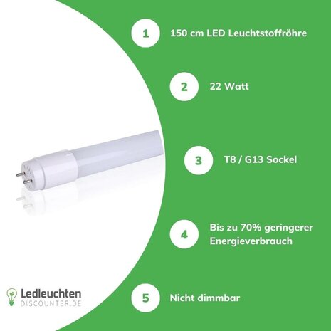 LCB LED-Beleuchtung Innovatives Design, hochwertige Technik & schnelle Lieferung! PRO LED Leuchtstoffröhre G13/T8 - 150cm - 6000K - 865 - Tageslichtweiß - 25W entspricht 58W - Pro High Lumen 100/140/170Lm pro Watt