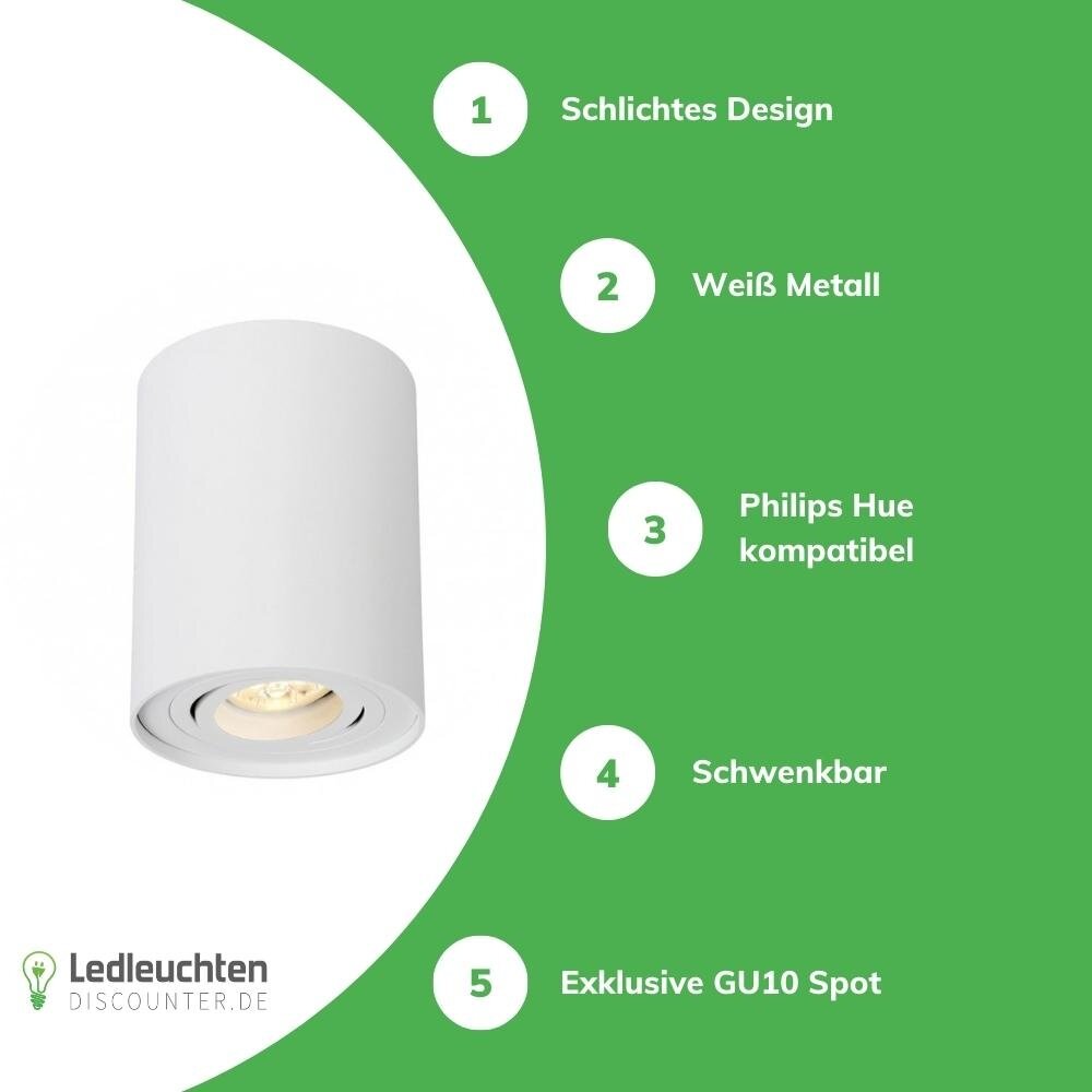 LCB LED-Beleuchtung Innovatives Design, hochwertige Technik & schnelle Lieferung! LED Deckenspot - Röhre rund - Weiß - mit GU10 Fassung - schwenkbar - exkl. LED Spot