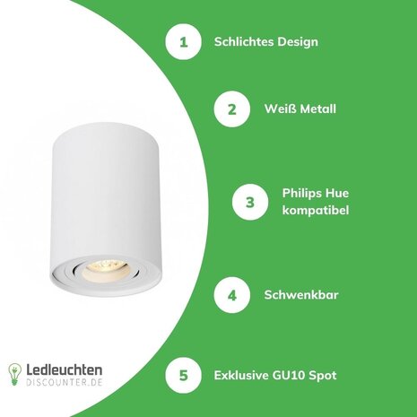 LCB LED-Beleuchtung Innovatives Design, hochwertige Technik & schnelle Lieferung! LED Deckenspot - Röhre rund - Weiß - mit GU10 Fassung - schwenkbar - exkl. LED Spot