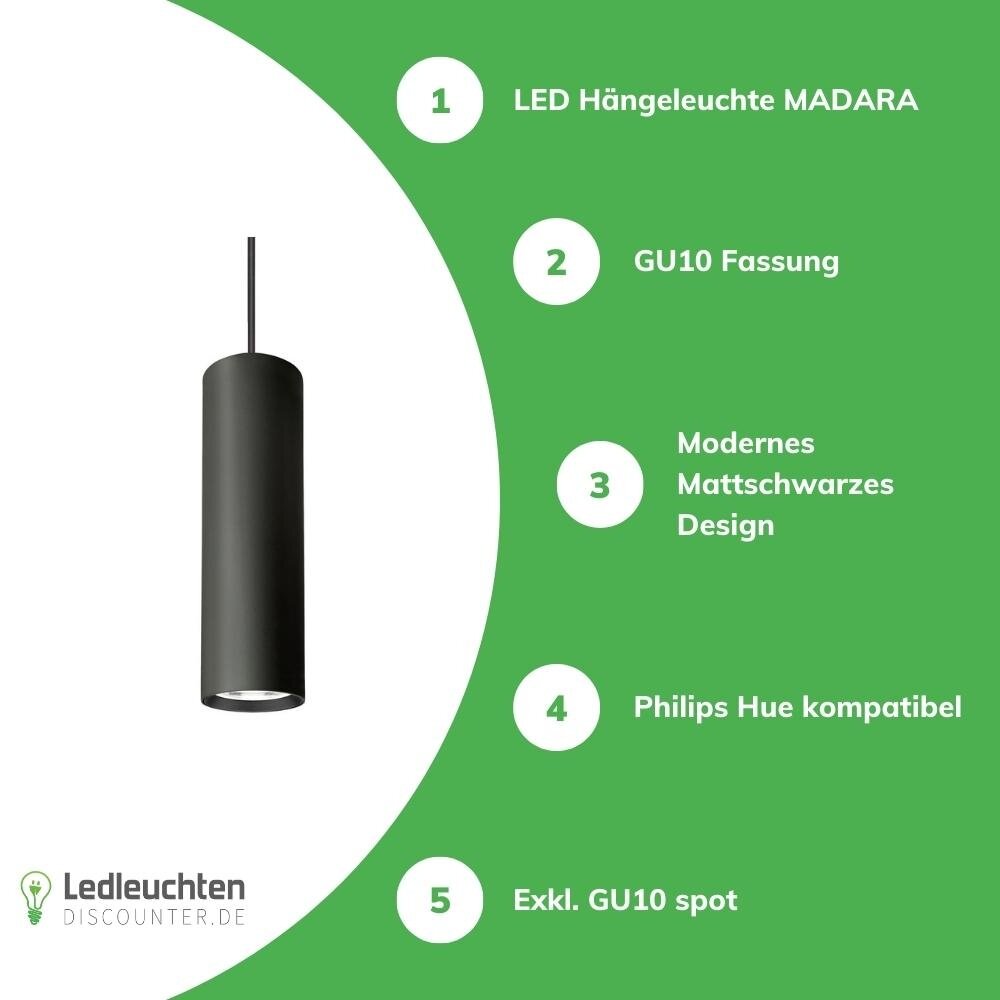 Spectrum LED Hängeleuchte Madara Mini II GU10 Fassung – Pendel-Lampe Schwarz – 60x200mm – 1m Kabel – Maximale Länge 325mm Spectrum LED Hängeleuchte Madara Mini II GU10 Fassung – Pendel-Lampe Schwarz – 60x200mm – 1m Kabel – Maximale Länge 325mm