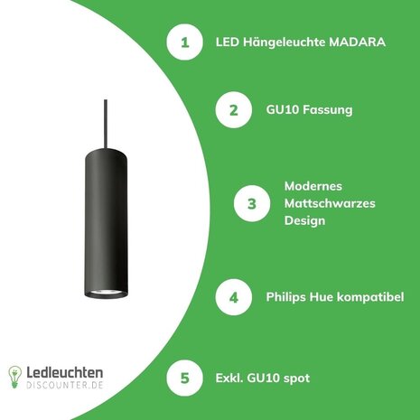 Spectrum LED Hängeleuchte Madara Mini II GU10 Fassung – Pendel-Lampe Schwarz – 60x200mm – 1m Kabel – Maximale Länge 325mm Spectrum LED Hängeleuchte Madara Mini II GU10 Fassung – Pendel-Lampe Schwarz – 60x200mm – 1m Kabel – Maximale Länge 325mm
