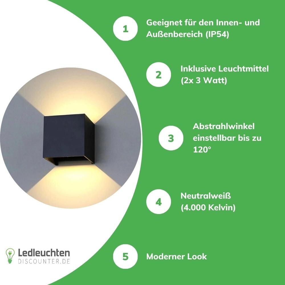 Schwarz Wandleuchte Up 2x3W - - Abstrahlwinkel Down and anpassbar Lichtfarbe - optional LED