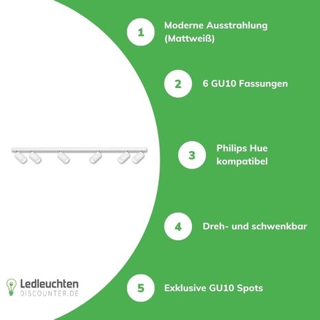 LCB LED-Beleuchtung Innovatives Design, hochwertige Technik & schnelle Lieferung! LED Deckenspot Weiß - 6 verstellbare GU10 Fassungen für LED Spots - exkl. LED Spot