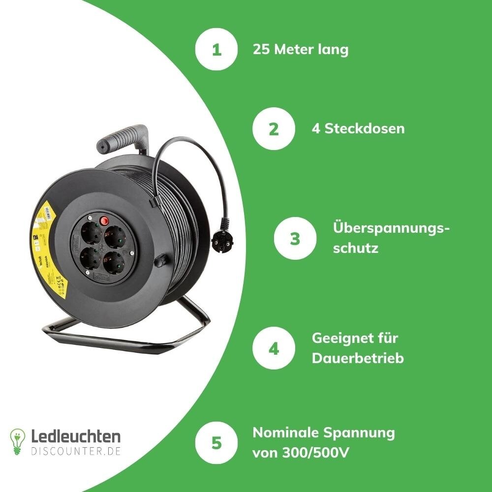 Technik Zubehör Kabeltrommel 25meter - 4-fach mit Schutzkontaktsteckdosen | Schwarz Kunststoff - H05VV 3G1,5 mm² Technik Zubehör Kabeltrommel 25meter - 4-fach mit Schutzkontaktsteckdosen | Schwarz Kunststoff - H05VV 3G1,5 mm²
