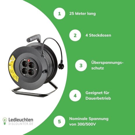 Technik Zubehör Kabeltrommel 25meter - 4-fach mit Schutzkontaktsteckdosen | Schwarz Kunststoff - H05VV 3G1,5 mm² Technik Zubehör Kabeltrommel 25meter - 4-fach mit Schutzkontaktsteckdosen | Schwarz Kunststoff - H05VV 3G1,5 mm²
