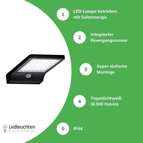 LED Solar Wandleuchte WS107 300Lm - 6000K Tageslichtweiß LED Solar Wandleuchte WS107 300Lm - 6000K Tageslichtweiß