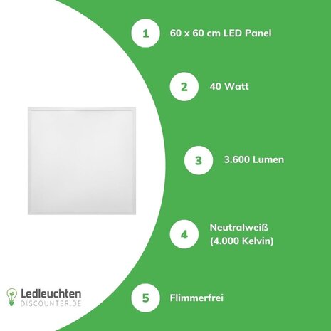 Led line: Erstklassiges Lichtdesign LED Panel 60x60cm Backlit - 40W 3600Lm - 4000K 840 - flimmerfrei - 3 Jahre Garantie