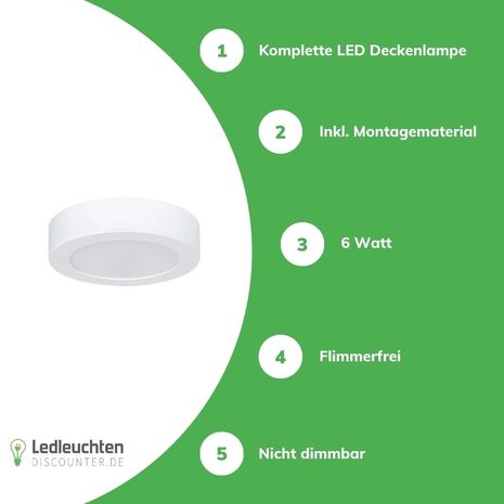 LED Deckenlampe Ø122mm - rund - Ceiling light - 6W entspricht 40W -  Ledleuchtendiscounter.de