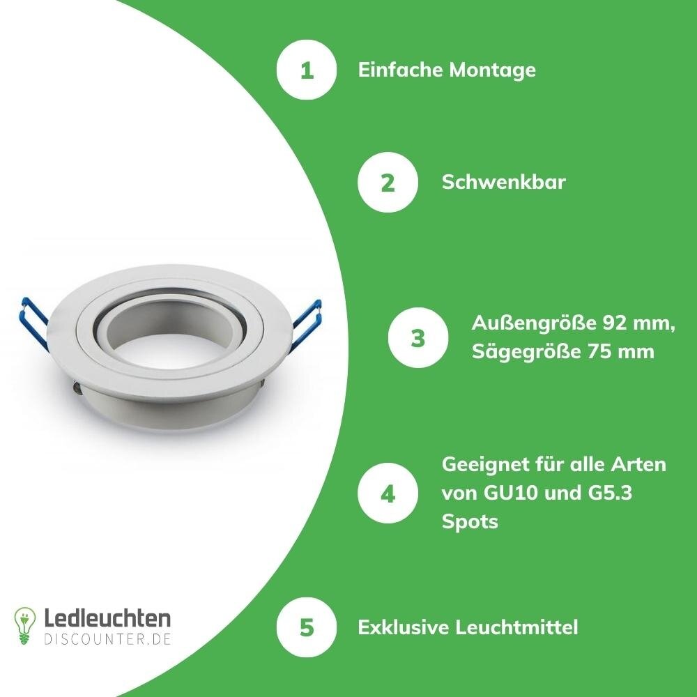 Aigostar LED Spot Einbaurahmen für GU10 / MR16 - 75mm -  weiß  - rund - schwenkbar - Einbaugröße 92mm