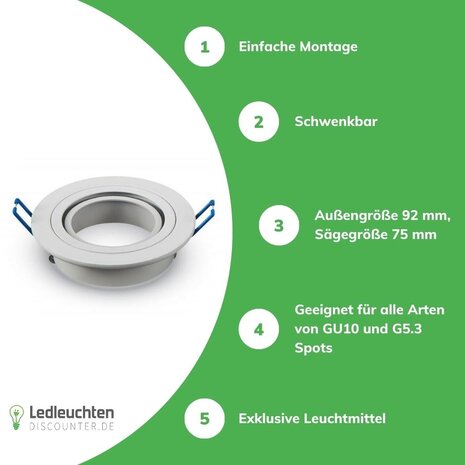 Aigostar LED-Leuchten LED Spot Einbaurahmen für GU10 / MR16 - 75mm - weiß - rund - schwenkbar - Einbaugröße 92mm Aigostar LED-Leuchten LED Spot Einbaurahmen für GU10 / MR16 - 75mm - weiß - rund - schwenkbar - Einbaugröße 92mm