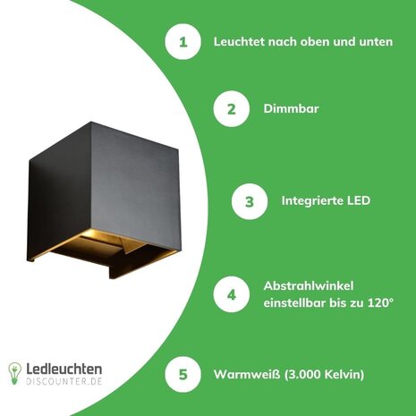 LCB LED Wandlampe Up and Down - IP65 - 2x3W dimmbar - 3000K Warmweiß - einstellbarer Abstrahlwinkel LCB LED Wandlampe Up and Down - IP65 - 2x3W dimmbar - 3000K Warmweiß - einstellbarer Abstrahlwinkel