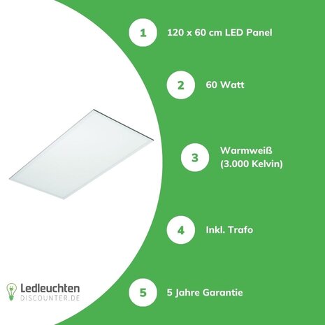 LCB LED Panel 120x60cm - Pro Slim Line - 60W 7200Lm - 3000K 830 Warmweiß| UGR22 Opalweiß - 5 Jahre Garantie