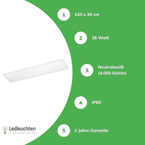 LCB LED Panel - IP65 wasserdicht - Pro Slim Line - 120x30cm - 36W 4320Lm - 4000K 840 Tageslicht weiß | UGR22 Opalweiß - 5 Jahr Garantie LCB LED Panel - IP65 wasserdicht - Pro Slim Line - 120x30cm - 36W 4320Lm - 4000K 840 Tageslicht weiß | UGR22 Opalweiß - 5 Jahr Garantie