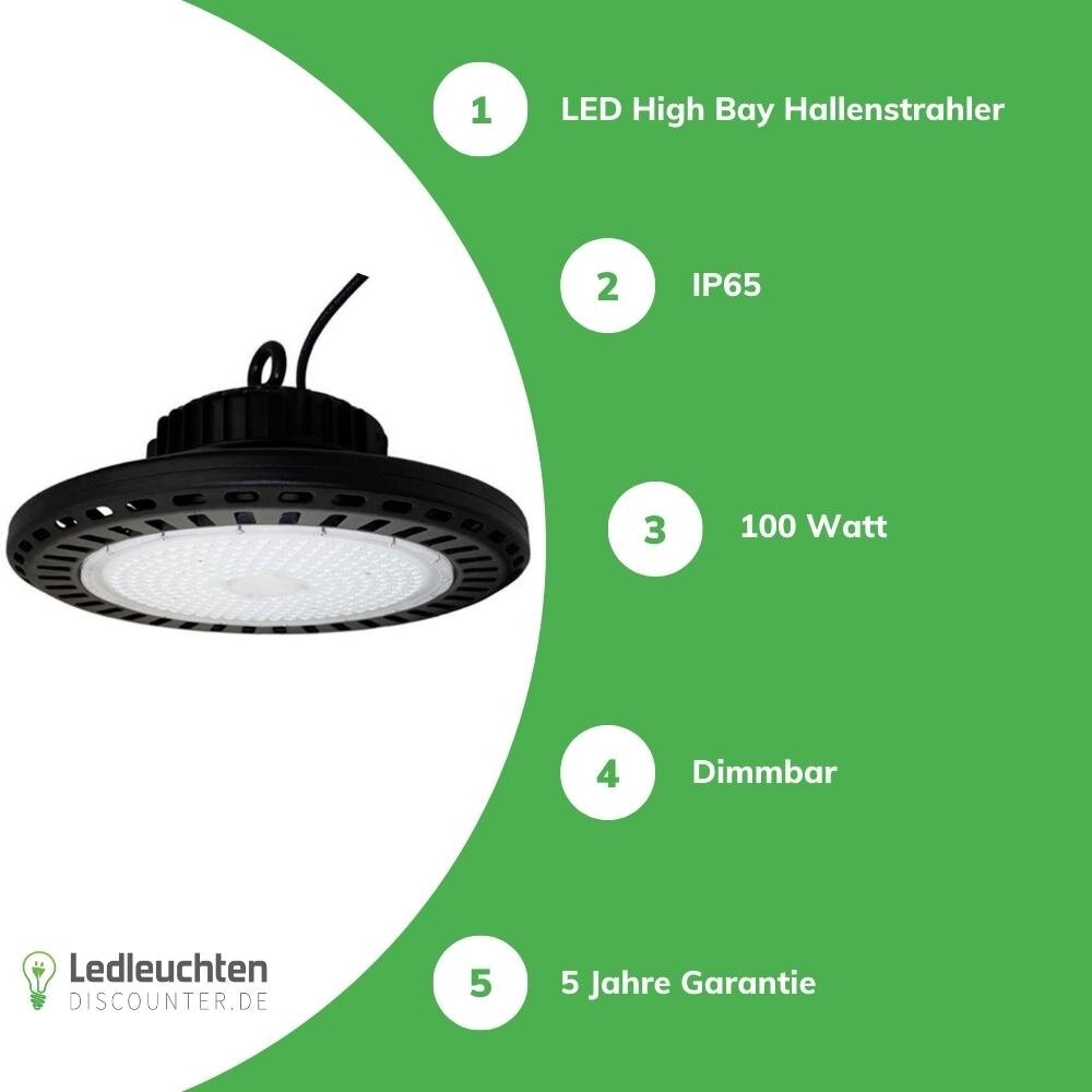 LCB LED UFO Hallenstrahler dimmbar - High Bay Hallenleuchte IP65 - 100W 15000 Lumen |  5 Jahre Garantie - Lichtfarbe wählbar